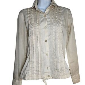 Vintage 70s Langtry Button Up Blouse Womens Size M Ivory Ruffle Front Pleated